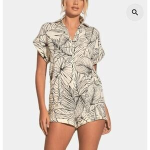 Elan Romper Womens Size M Natural Black Tropics Organic Gauze Cream Palm Leaves